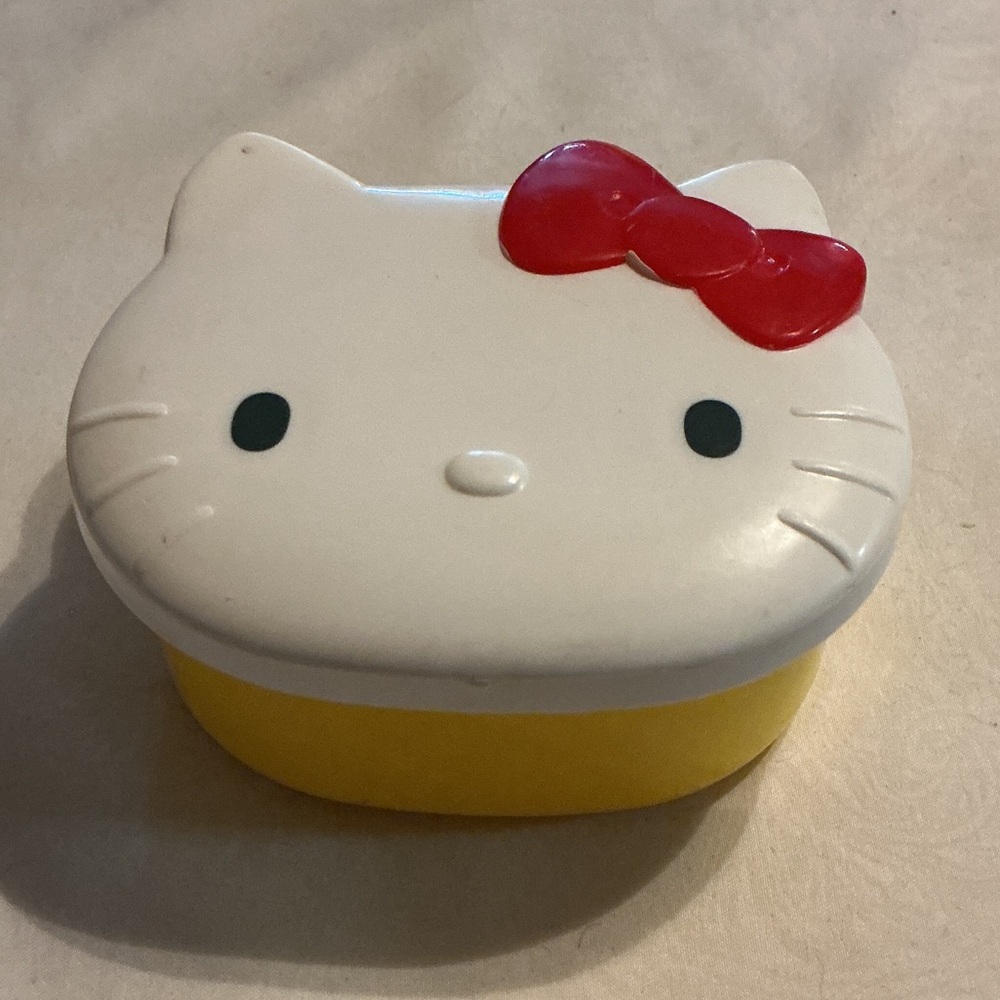 Vintage first edition Hello Kitty White Face Box with Red Bow and Yellow Base